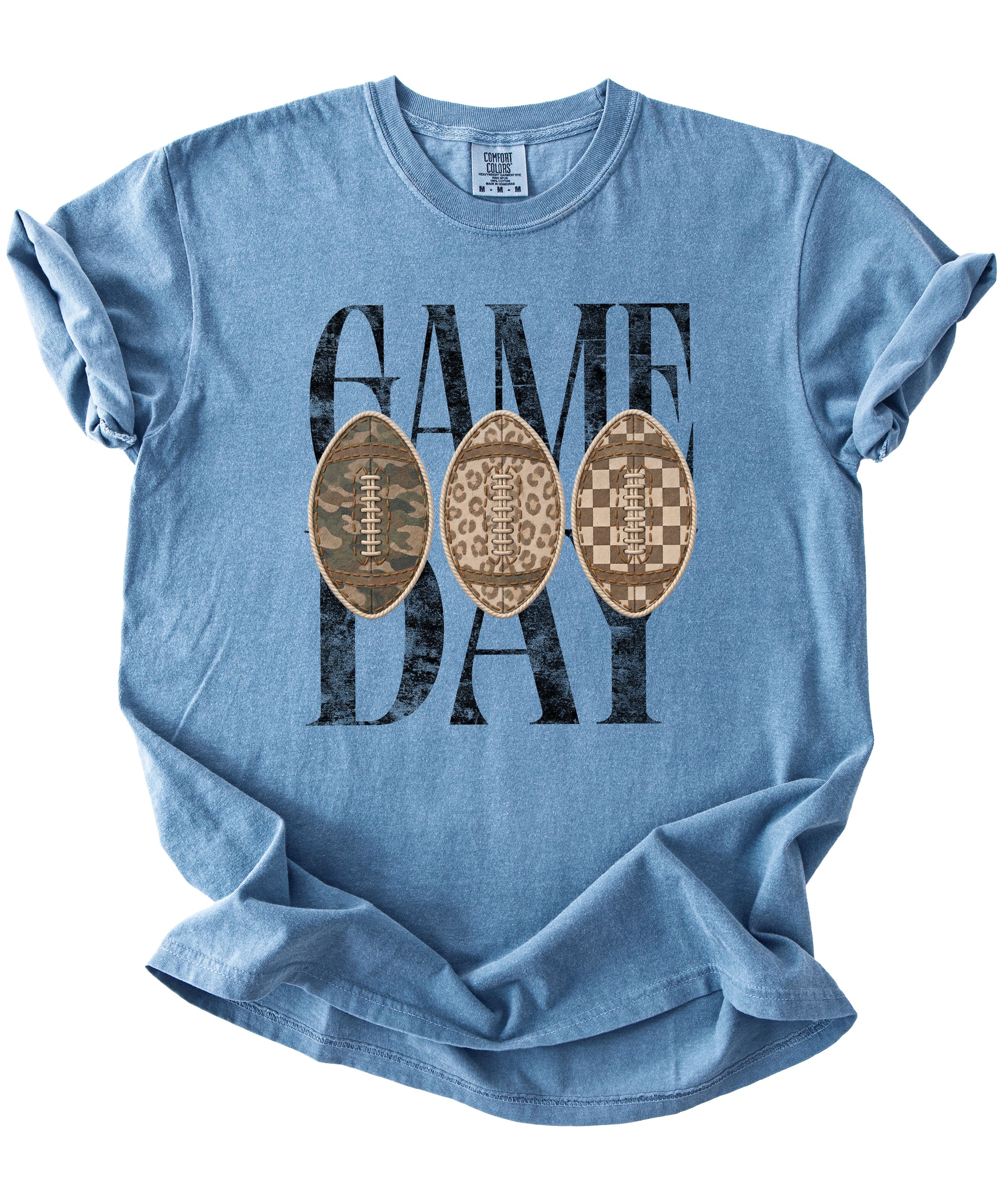 Game Day football shirt for women in Blue Jean, detail view of the ink-printed football patch graphic, Comfort Colors 1717 garment-dyed heavyweight cotton tee by Olive Loves Apple