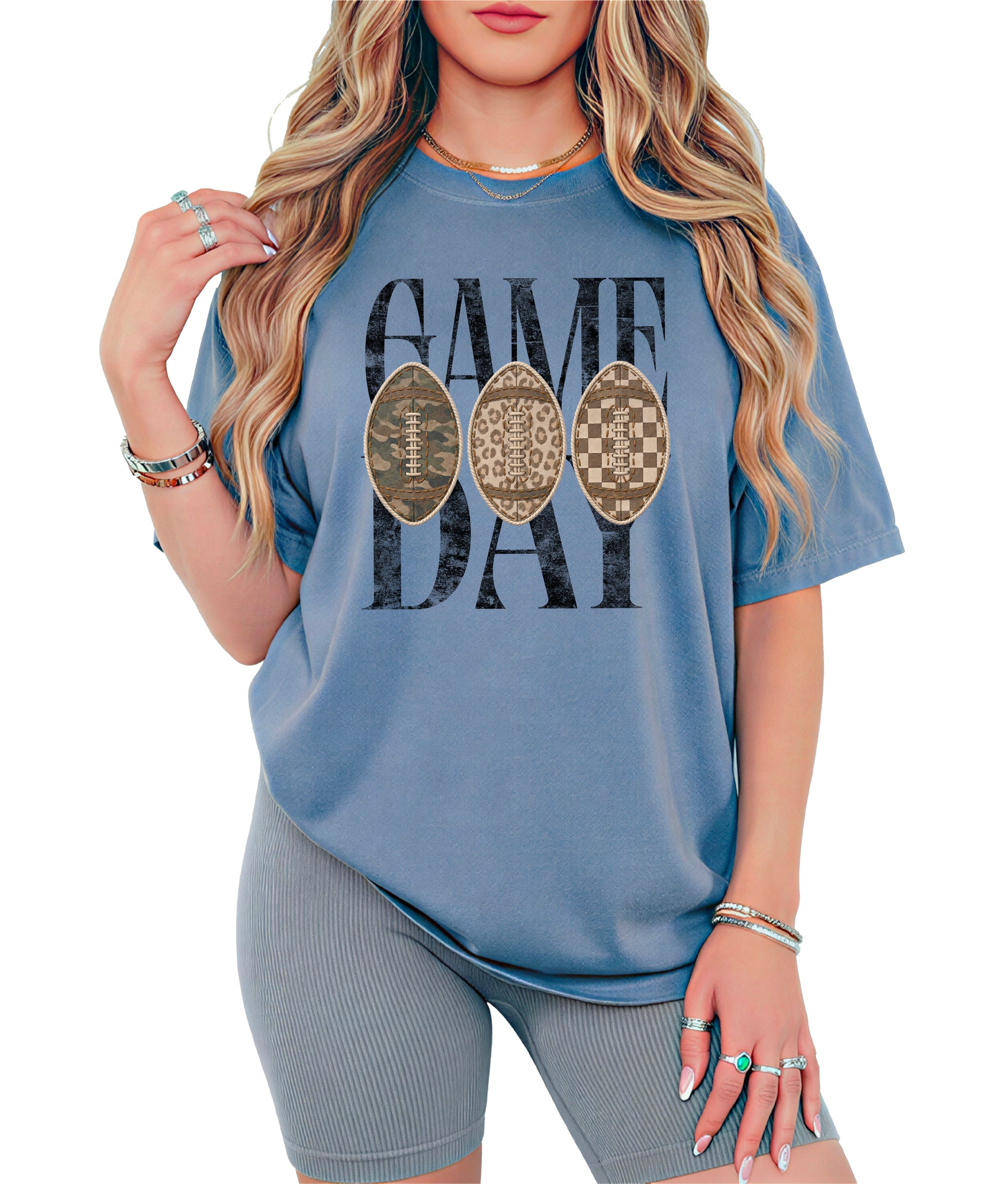 Game Day football shirt for women in Blue Jean, styled flat lay, Comfort Colors 1717 garment-dyed heavyweight cotton tee by Olive Loves Apple