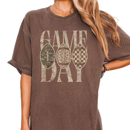 Game Day football shirt for women in Espresso, front view, Comfort Colors 1717 garment-dyed heavyweight cotton tee by Olive Loves Apple