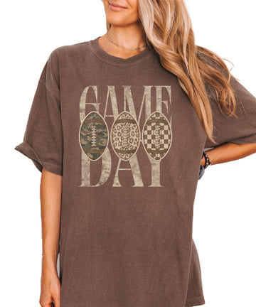 Game Day football shirt for women in Espresso, front view, Comfort Colors 1717 garment-dyed heavyweight cotton tee by Olive Loves Apple