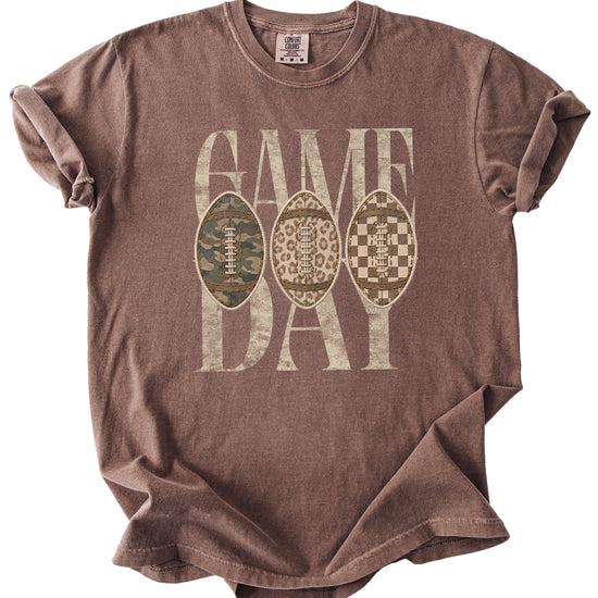 Game Day football shirt for women in Espresso, detail view of the ink-printed football patch graphic, Comfort Colors 1717 garment-dyed heavyweight cotton tee by Olive Loves Apple