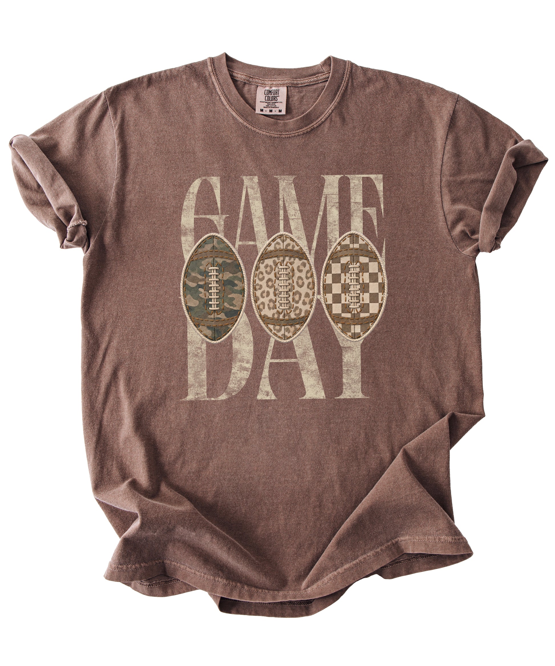 Game Day football shirt for women in Espresso, detail view of the ink-printed football patch graphic, Comfort Colors 1717 garment-dyed heavyweight cotton tee by Olive Loves Apple