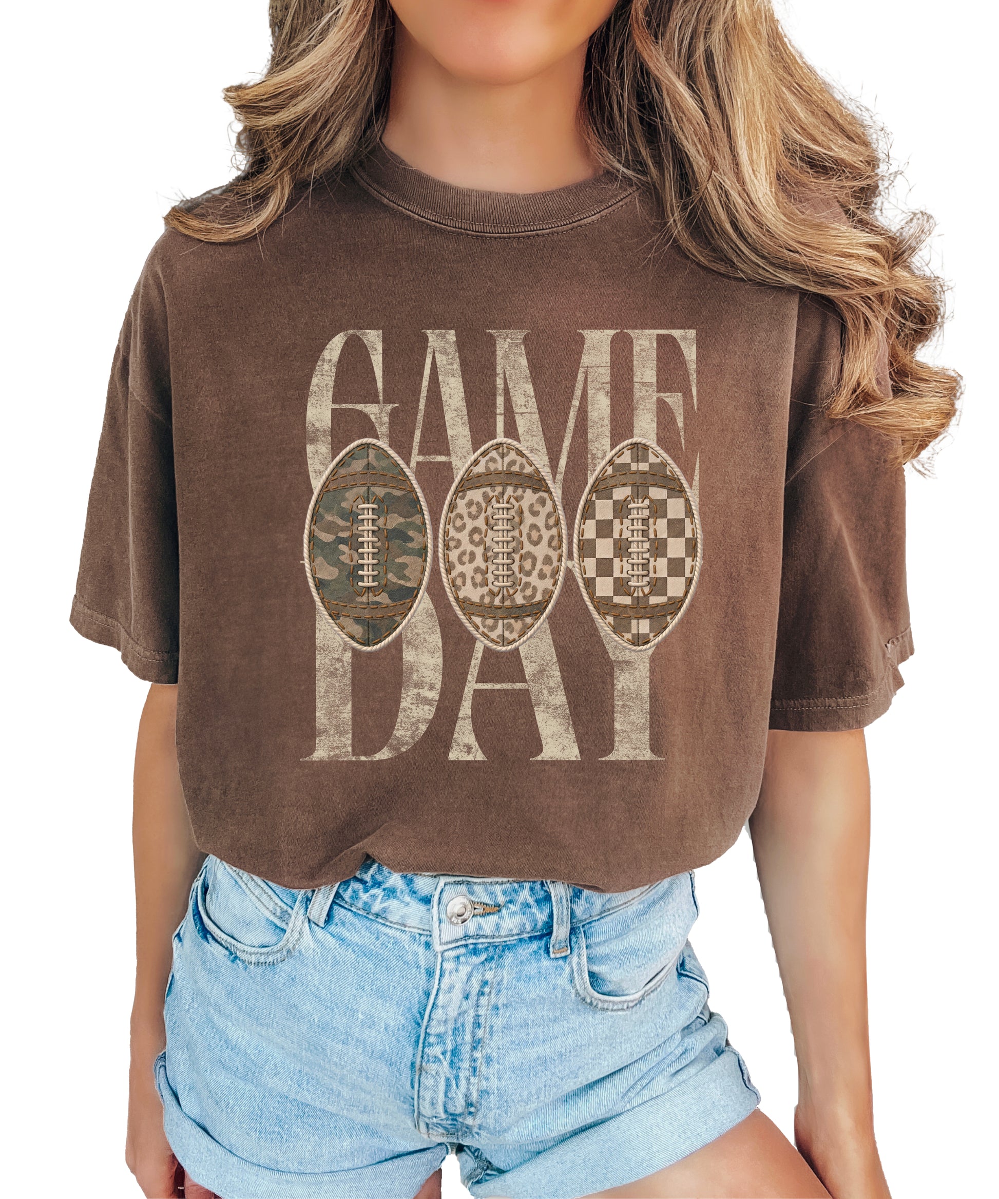Game Day football shirt for women in Espresso, styled flat lay, Comfort Colors 1717 garment-dyed heavyweight cotton tee by Olive Loves Apple