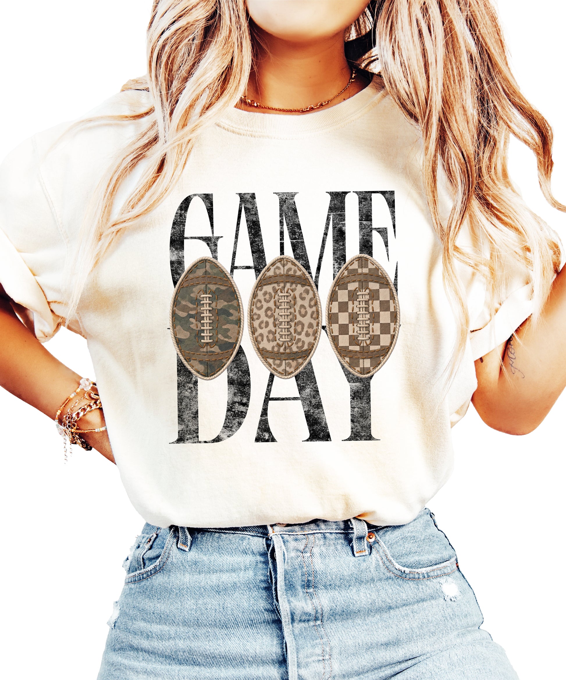 Game Day football shirt for women in Ivory, front view, Comfort Colors 1717 garment-dyed heavyweight cotton tee by Olive Loves Apple