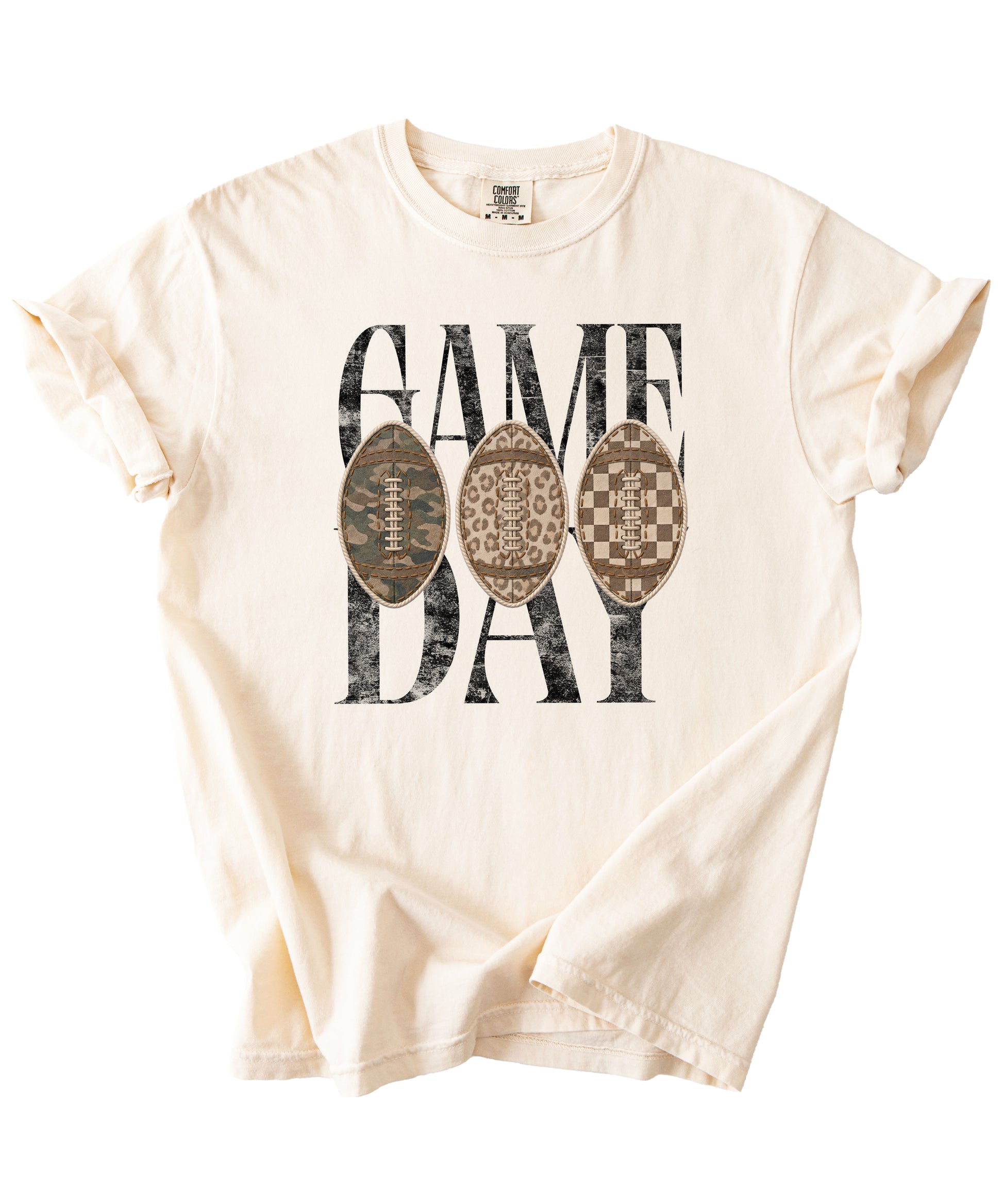 Game Day football shirt for women in Ivory, detail view of the ink-printed football patch graphic, Comfort Colors 1717 garment-dyed heavyweight cotton tee by Olive Loves Apple