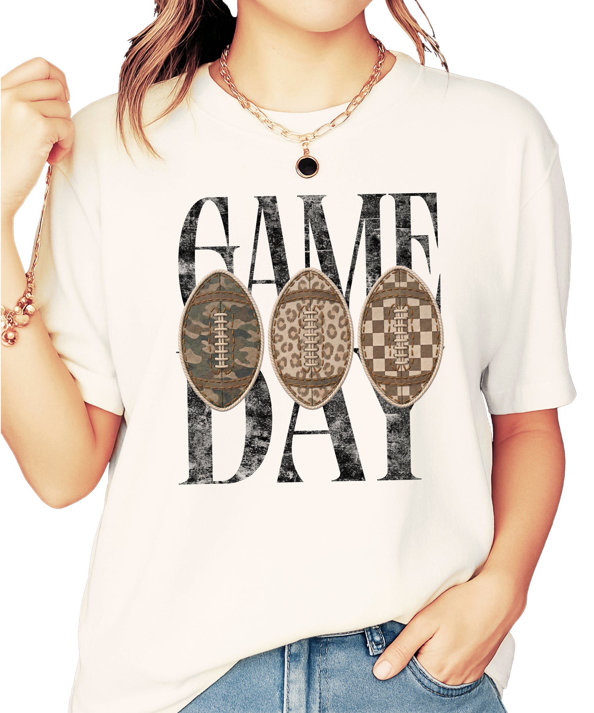 Game Day football shirt for women in Ivory, styled flat lay, Comfort Colors 1717 garment-dyed heavyweight cotton tee by Olive Loves Apple