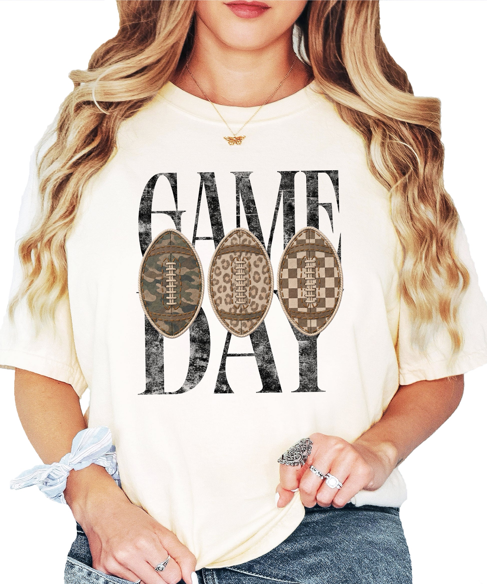 Game Day football shirt for women in Ivory, lifestyle view worn by a model, Comfort Colors 1717 garment-dyed heavyweight cotton tee by Olive Loves Apple