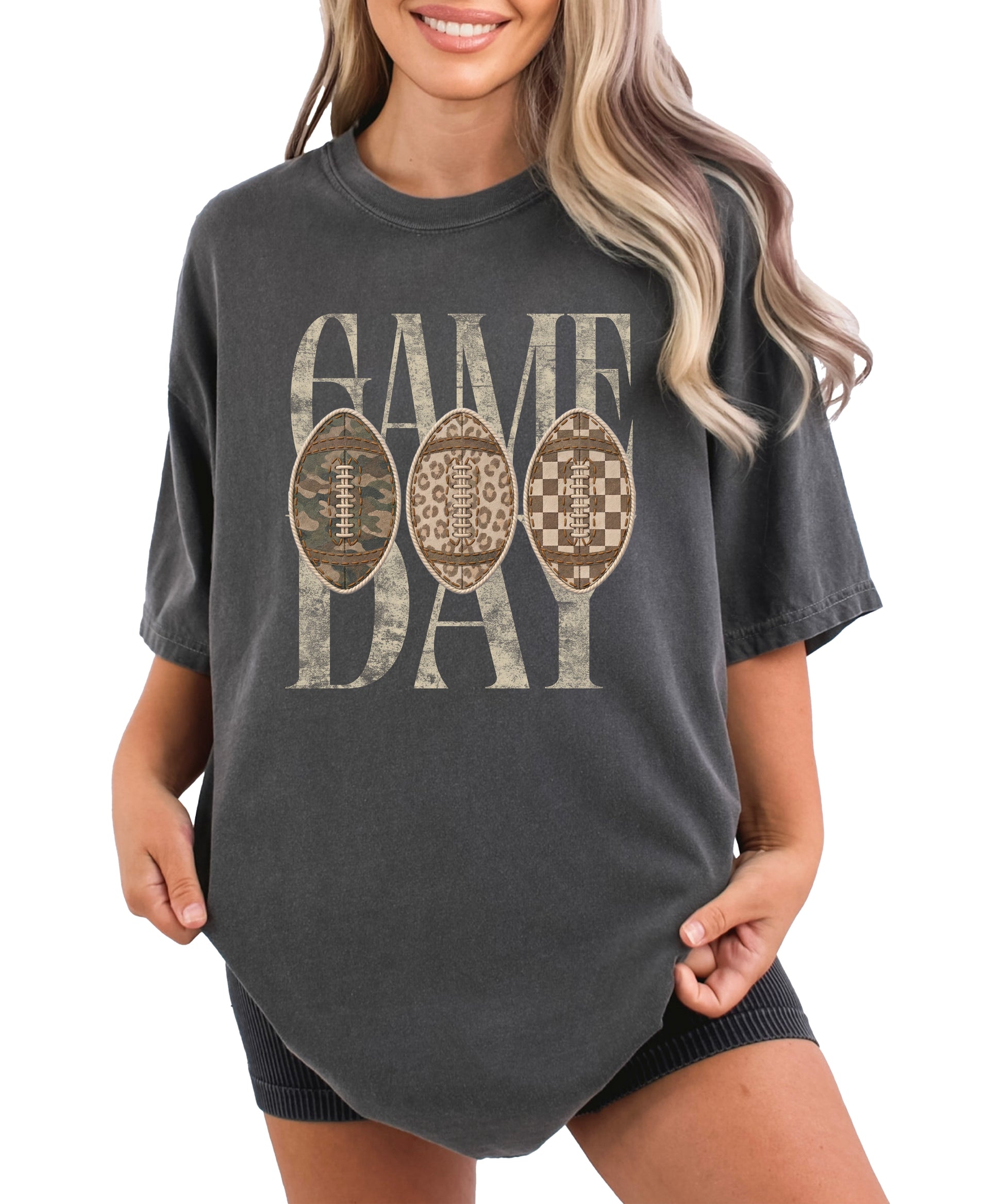 Game Day football shirt for women in Pepper, front view, Comfort Colors 1717 garment-dyed heavyweight cotton tee by Olive Loves Apple