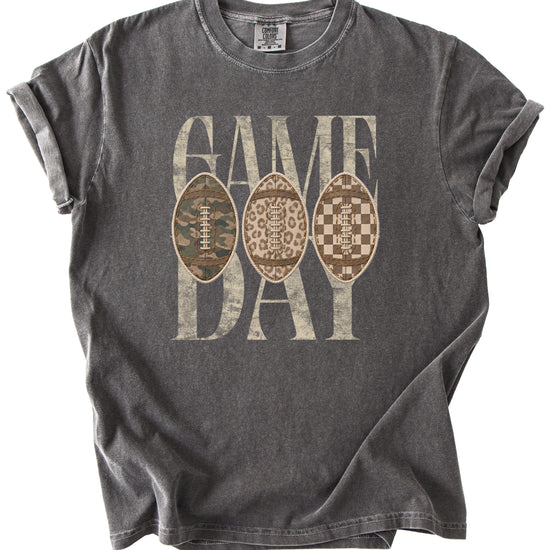 Game Day football shirt for women in Pepper, detail view of the ink-printed football patch graphic, Comfort Colors 1717 garment-dyed heavyweight cotton tee by Olive Loves Apple