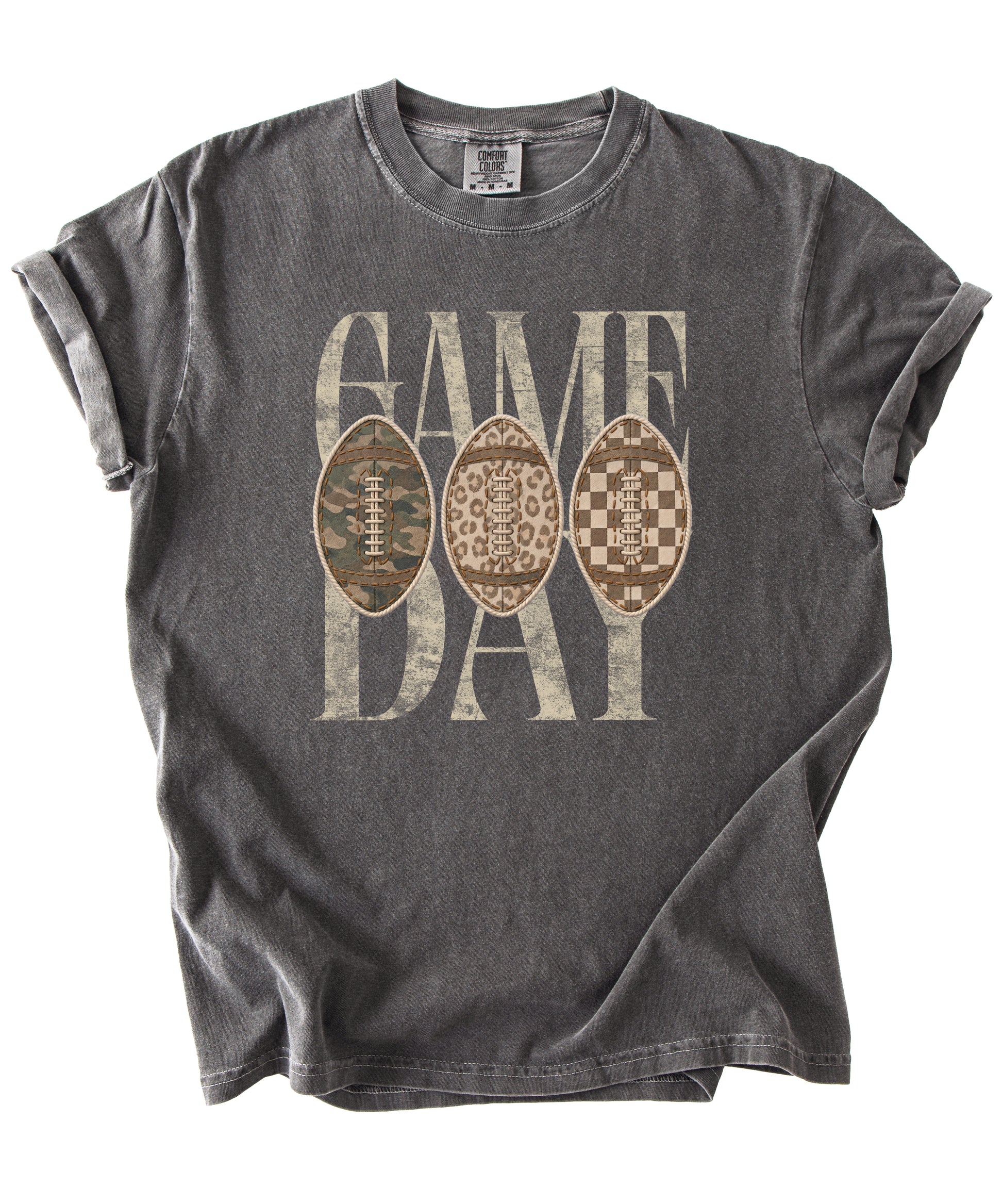 Game Day football shirt for women in Pepper, detail view of the ink-printed football patch graphic, Comfort Colors 1717 garment-dyed heavyweight cotton tee by Olive Loves Apple