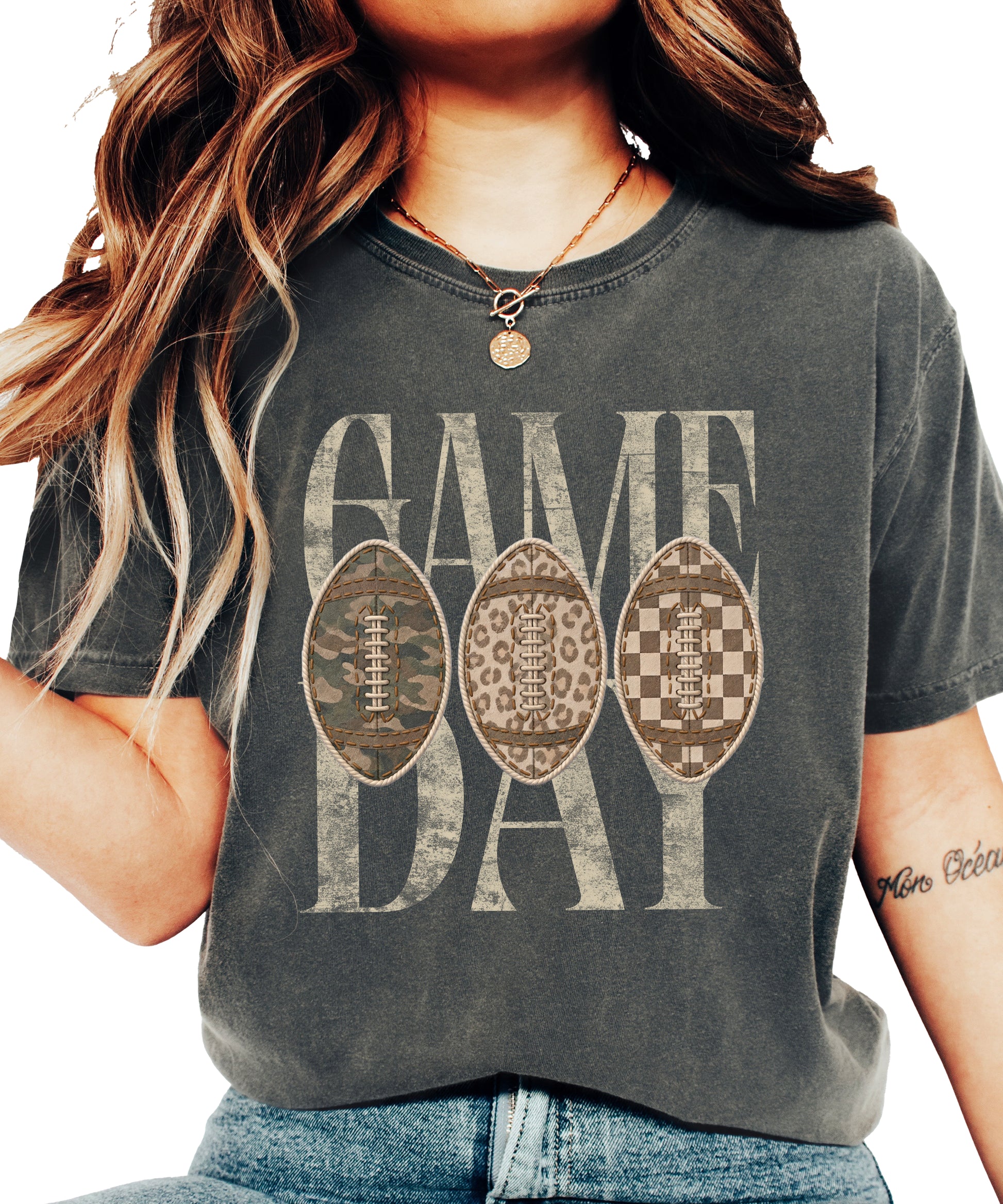 Game Day football shirt for women in Pepper, styled flat lay, Comfort Colors 1717 garment-dyed heavyweight cotton tee by Olive Loves Apple