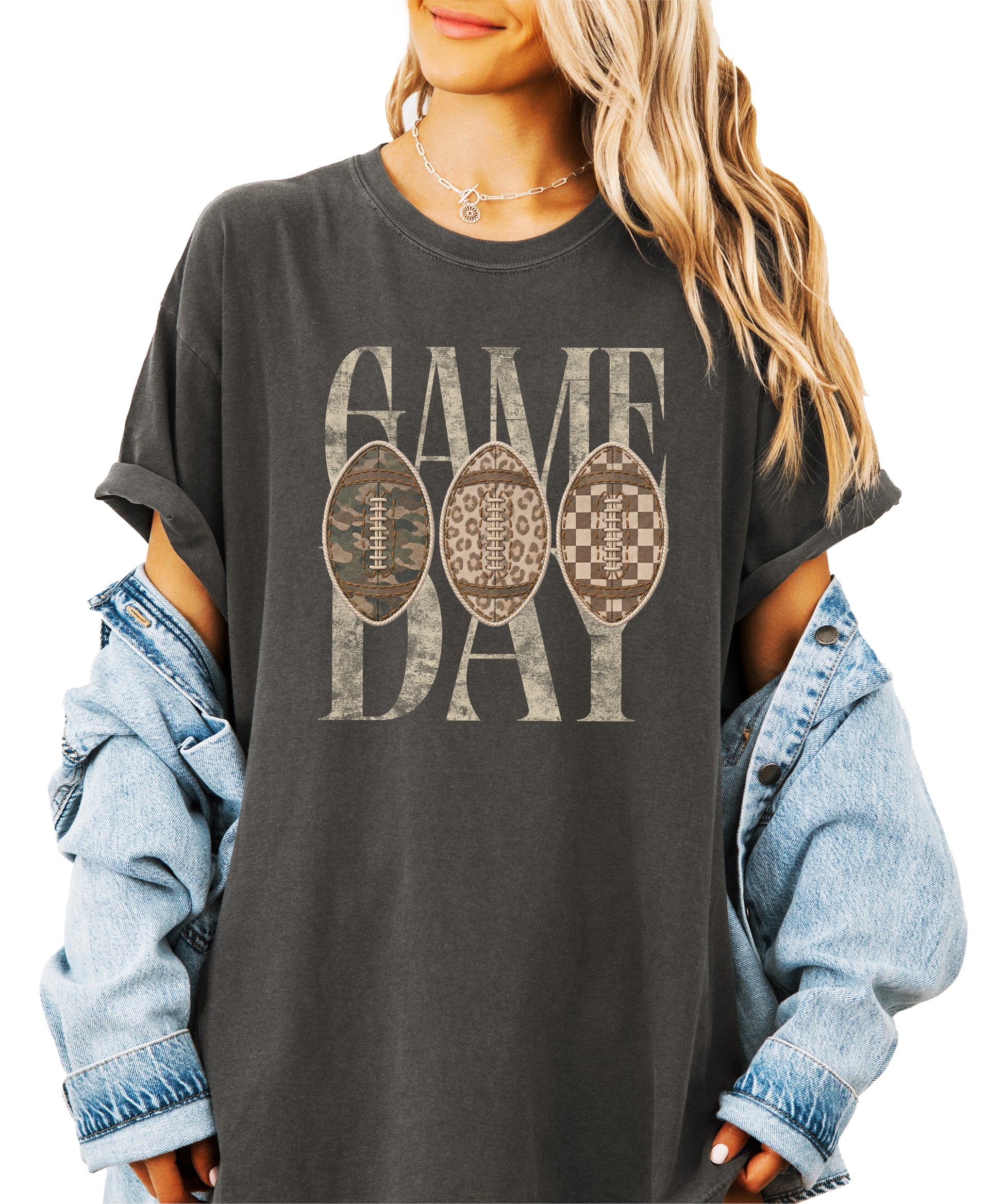 Game Day football shirt for women in Pepper, lifestyle view worn by a model, Comfort Colors 1717 garment-dyed heavyweight cotton tee by Olive Loves Apple
