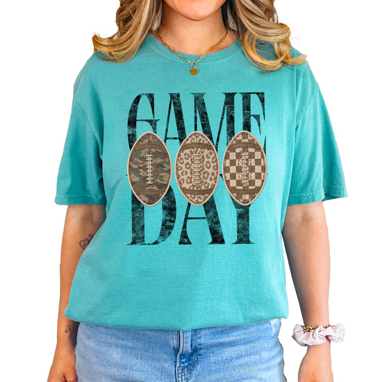 Game Day football shirt for women in Seafoam, front view, Comfort Colors 1717 garment-dyed heavyweight cotton tee by Olive Loves Apple