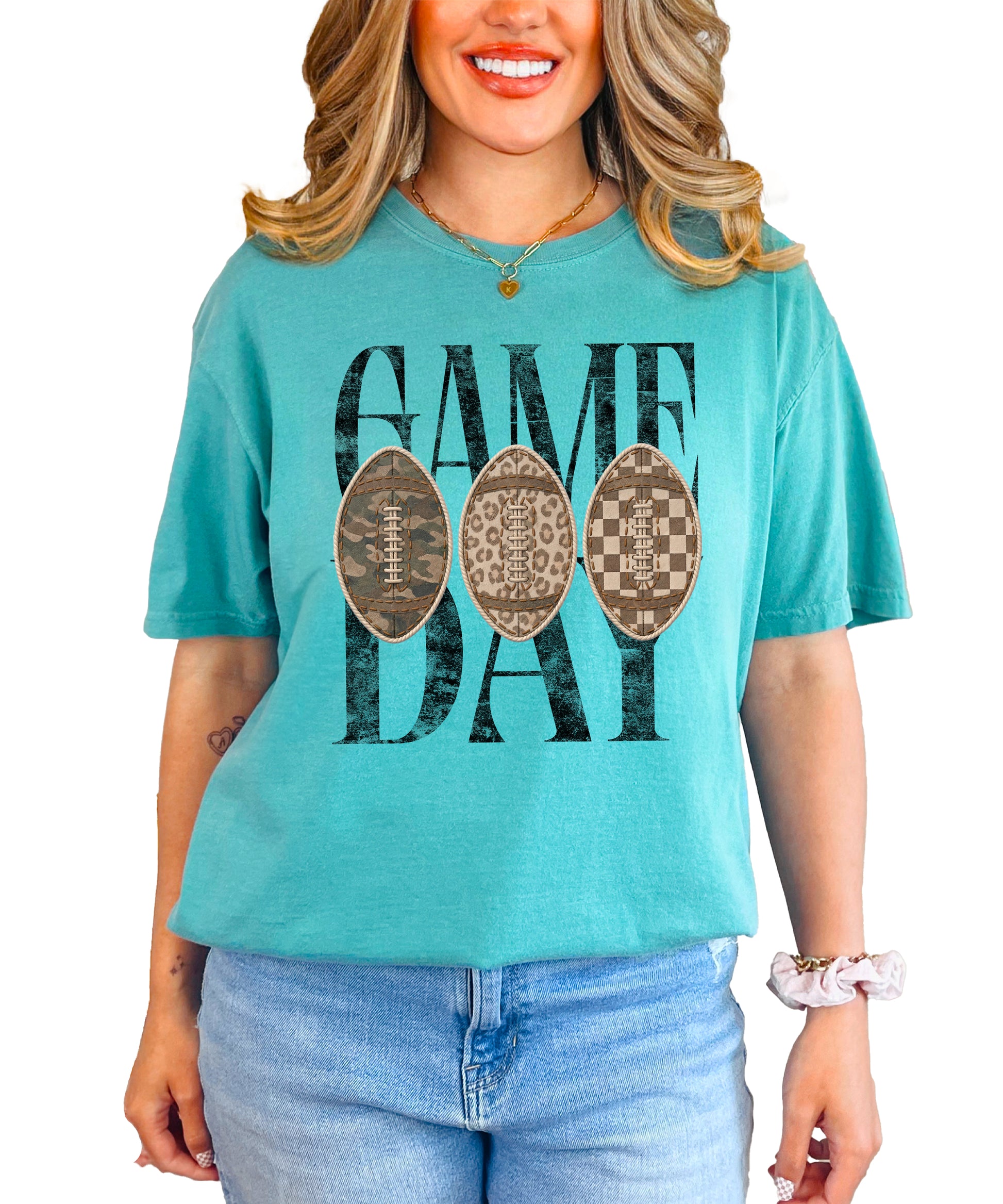 Game Day football shirt for women in Seafoam, front view, Comfort Colors 1717 garment-dyed heavyweight cotton tee by Olive Loves Apple