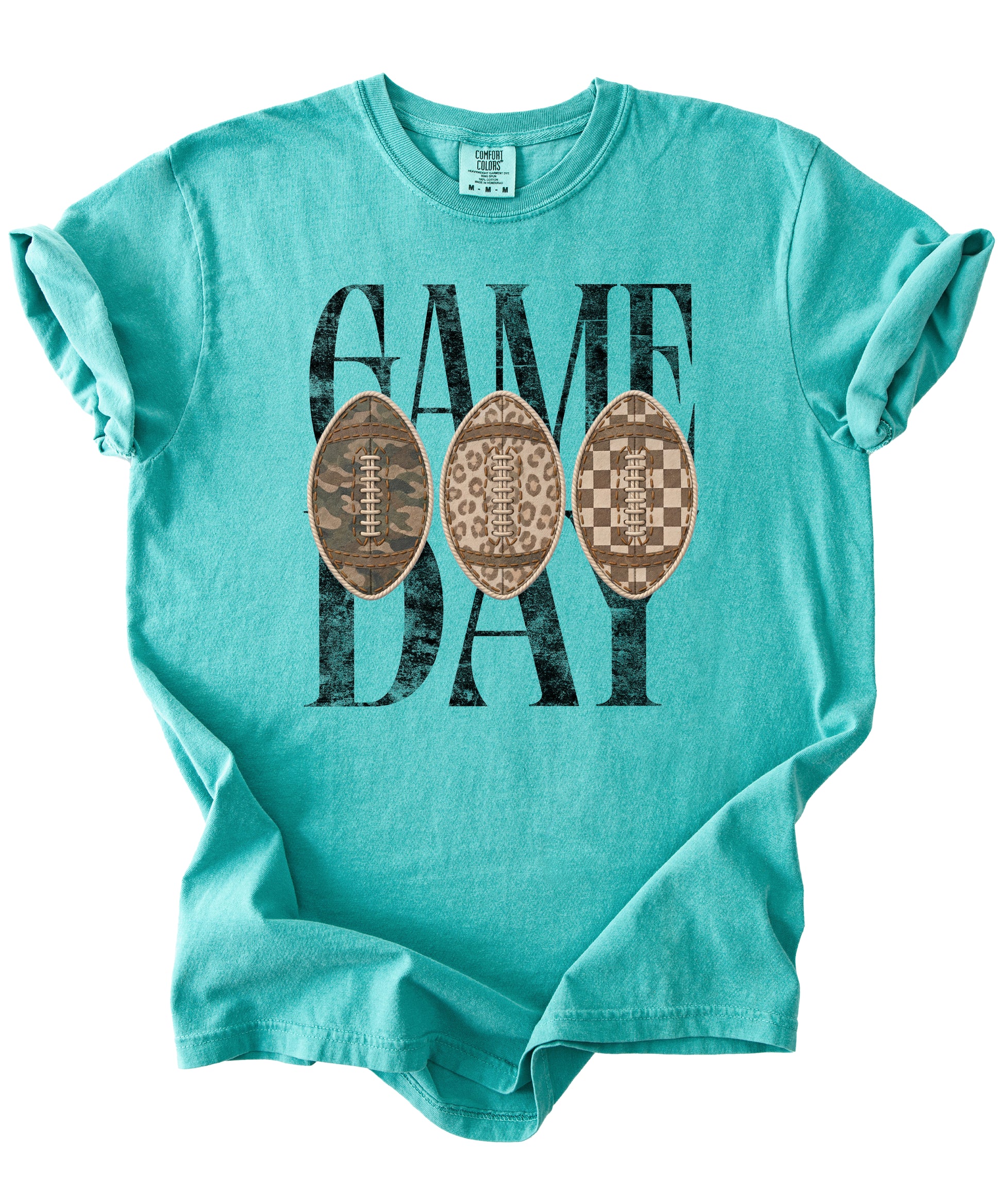 Game Day football shirt for women in Seafoam, detail view of the ink-printed football patch graphic, Comfort Colors 1717 garment-dyed heavyweight cotton tee by Olive Loves Apple