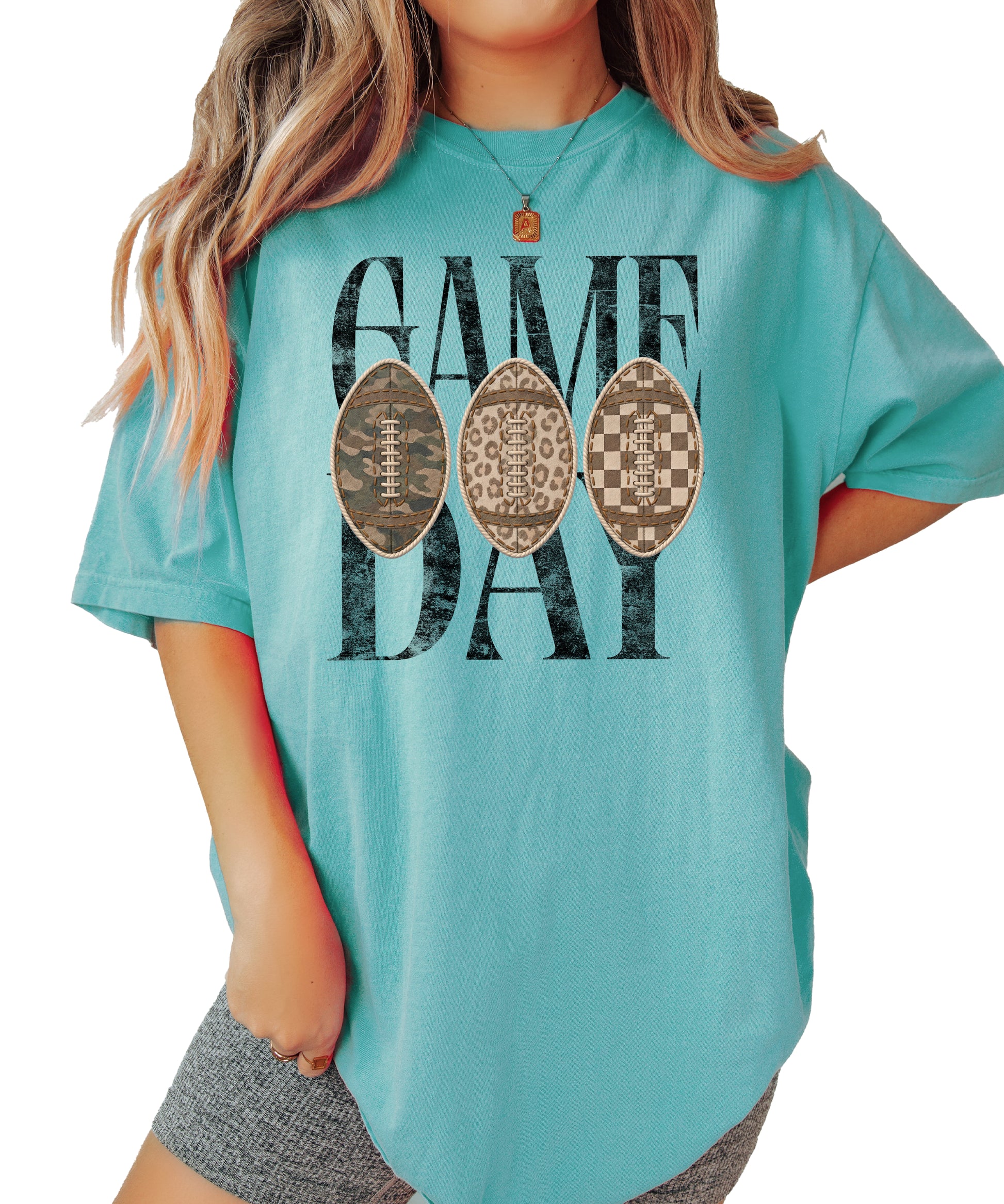 Game Day football shirt for women in Seafoam, styled flat lay, Comfort Colors 1717 garment-dyed heavyweight cotton tee by Olive Loves Apple
