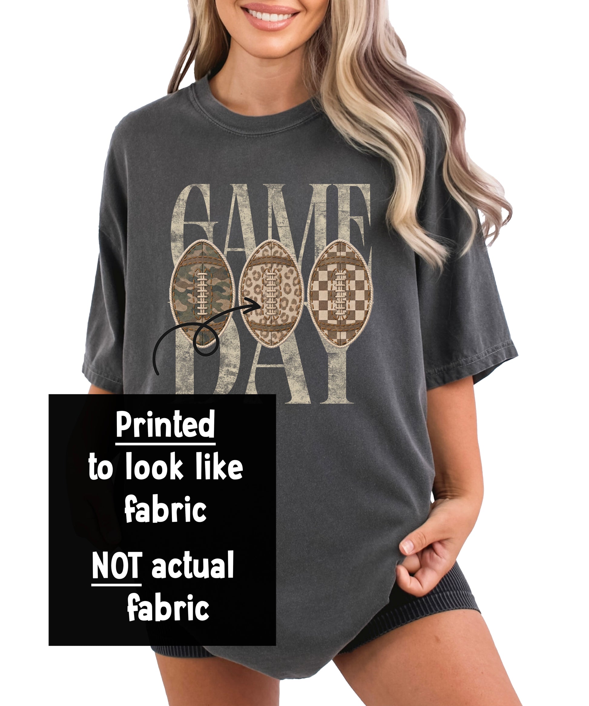 Game Day football graphic tee design close-up, distressed GAME DAY lettering with camo, leopard and checkered ink-printed football patches