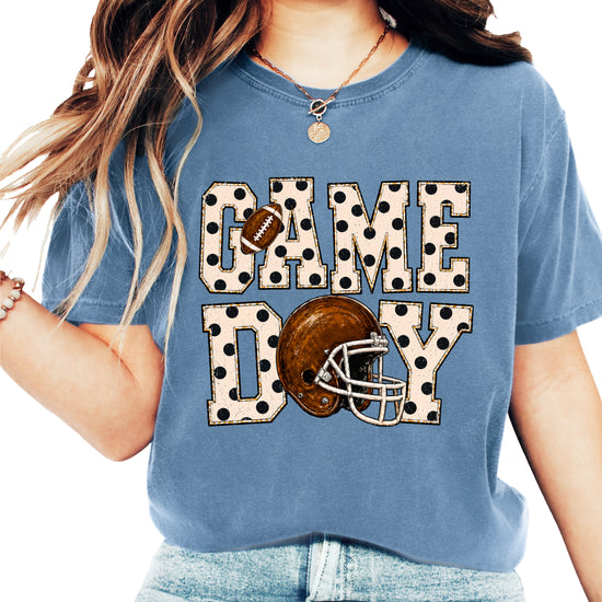 Game Day polka dot football graphic tee, Blue Jean Comfort Colors 1717, shot 1 - Olive Loves Apple