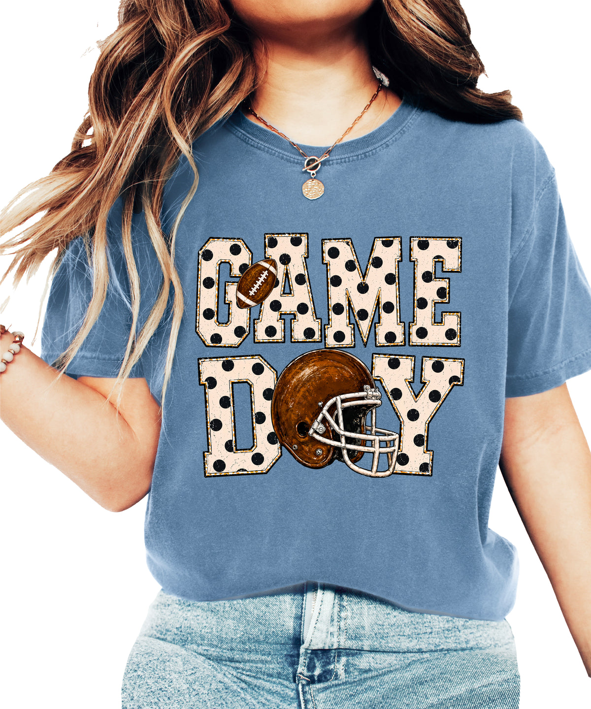 Game Day polka dot football graphic tee, Blue Jean Comfort Colors 1717, shot 1 - Olive Loves Apple