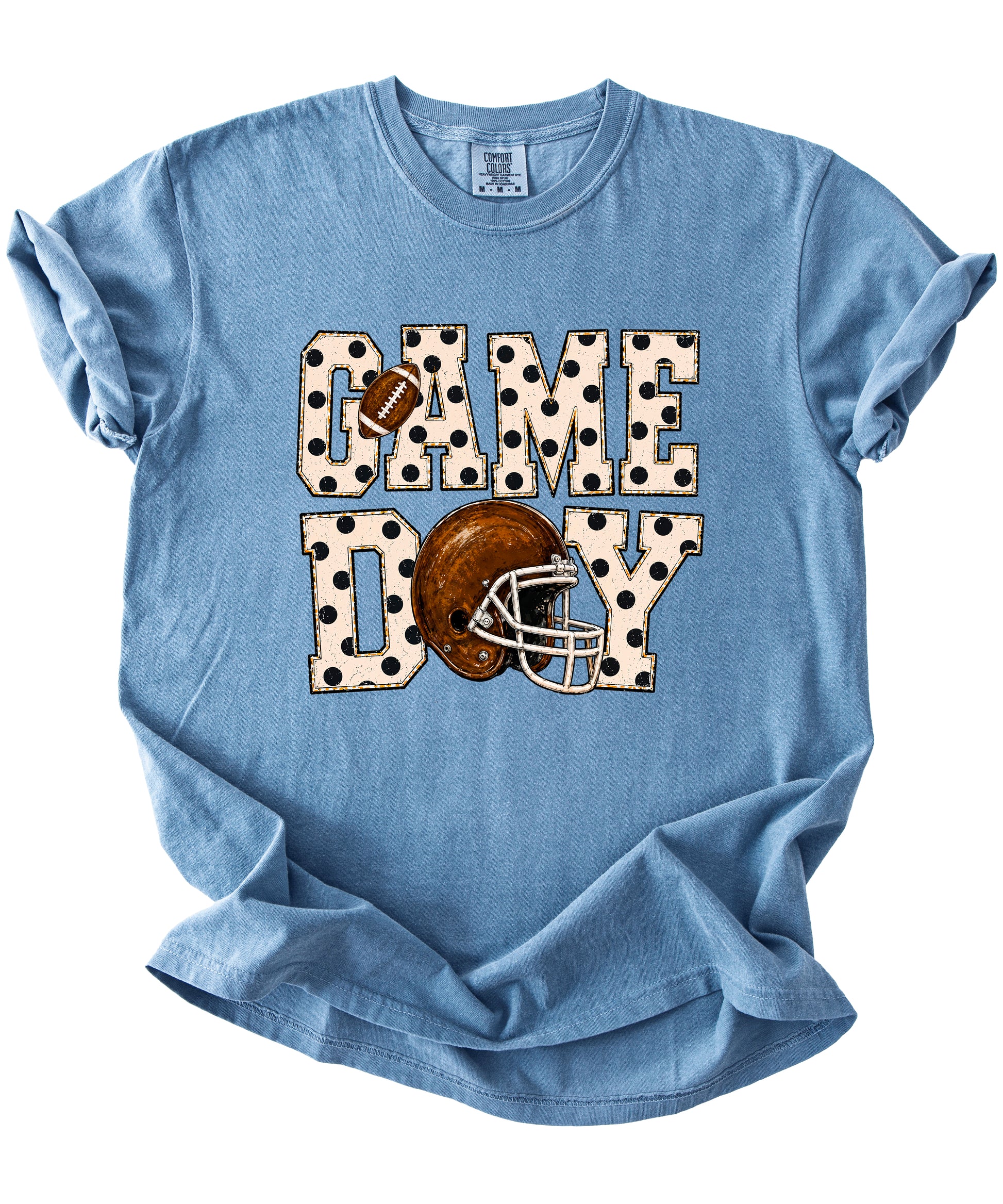 Game Day polka dot football graphic tee, Blue Jean Comfort Colors 1717, shot 2 - Olive Loves Apple