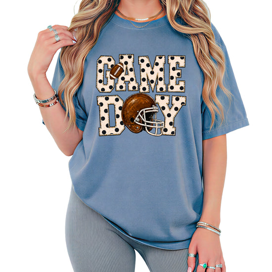 Game Day polka dot football graphic tee, Blue Jean Comfort Colors 1717, shot 3 - Olive Loves Apple