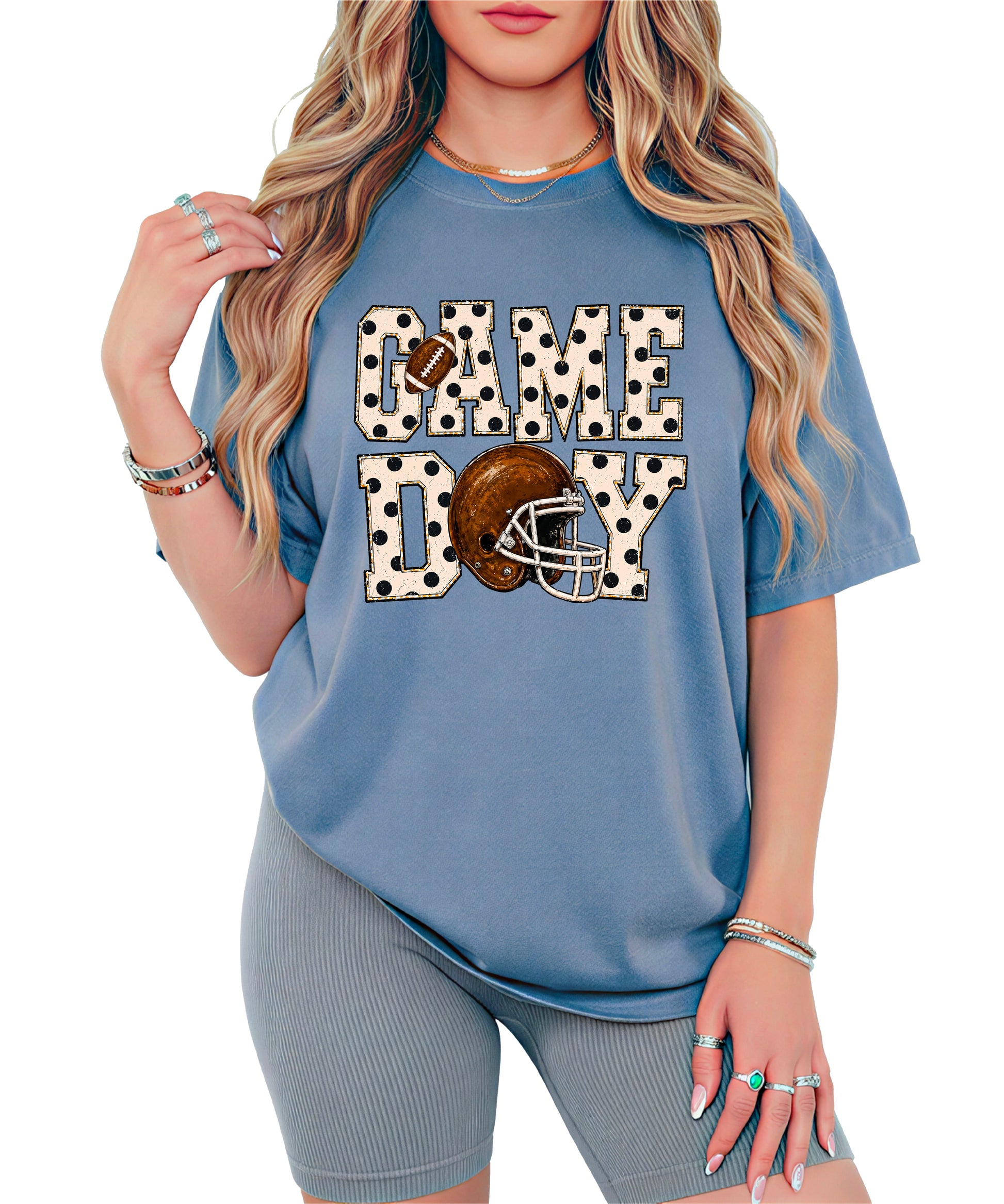 Game Day polka dot football graphic tee, Blue Jean Comfort Colors 1717, shot 3 - Olive Loves Apple
