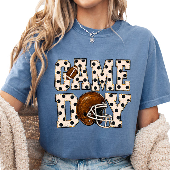 Game Day polka dot football graphic tee, Blue Jean Comfort Colors 1717, shot 4 - Olive Loves Apple