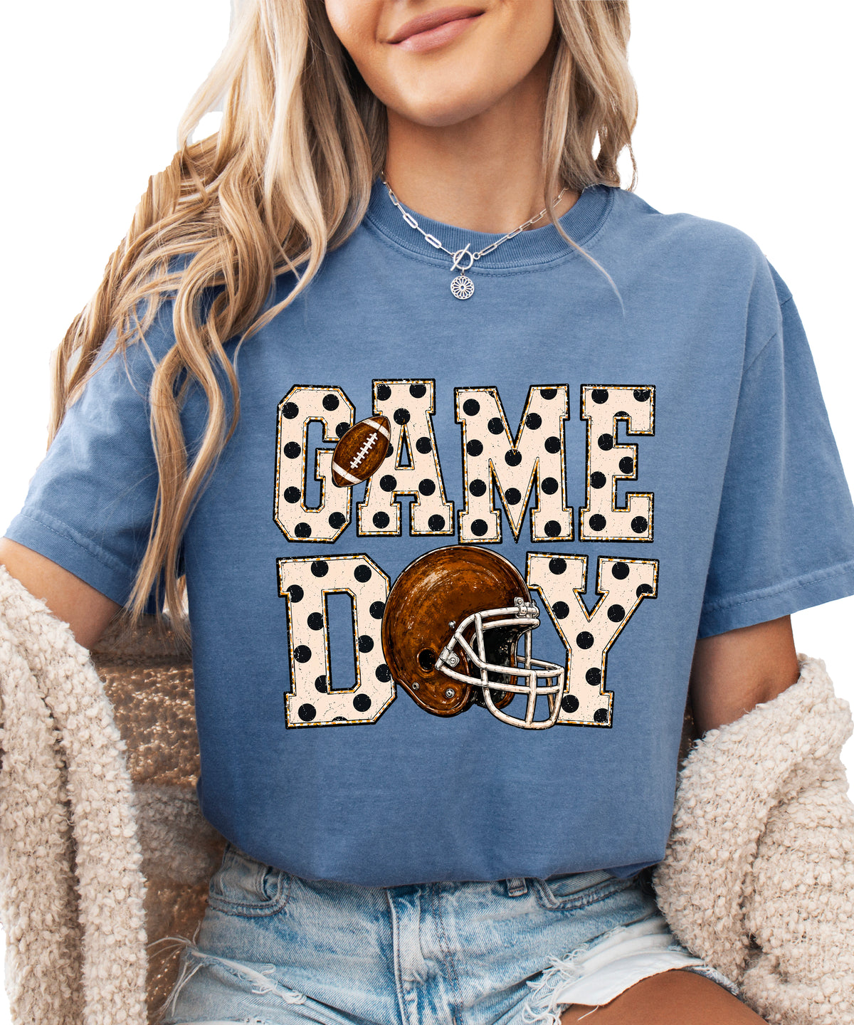 Game Day polka dot football graphic tee, Blue Jean Comfort Colors 1717, shot 4 - Olive Loves Apple