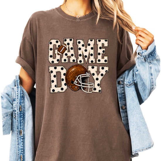Game Day polka dot football graphic tee, Espresso Comfort Colors 1717, shot 1 - Olive Loves Apple