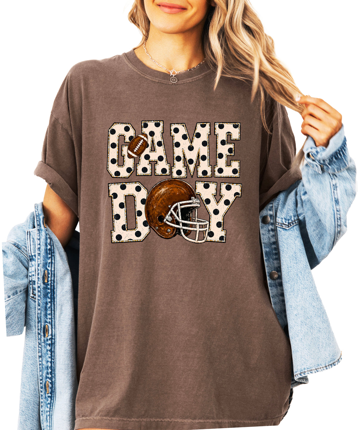 Game Day polka dot football graphic tee, Espresso Comfort Colors 1717, shot 1 - Olive Loves Apple
