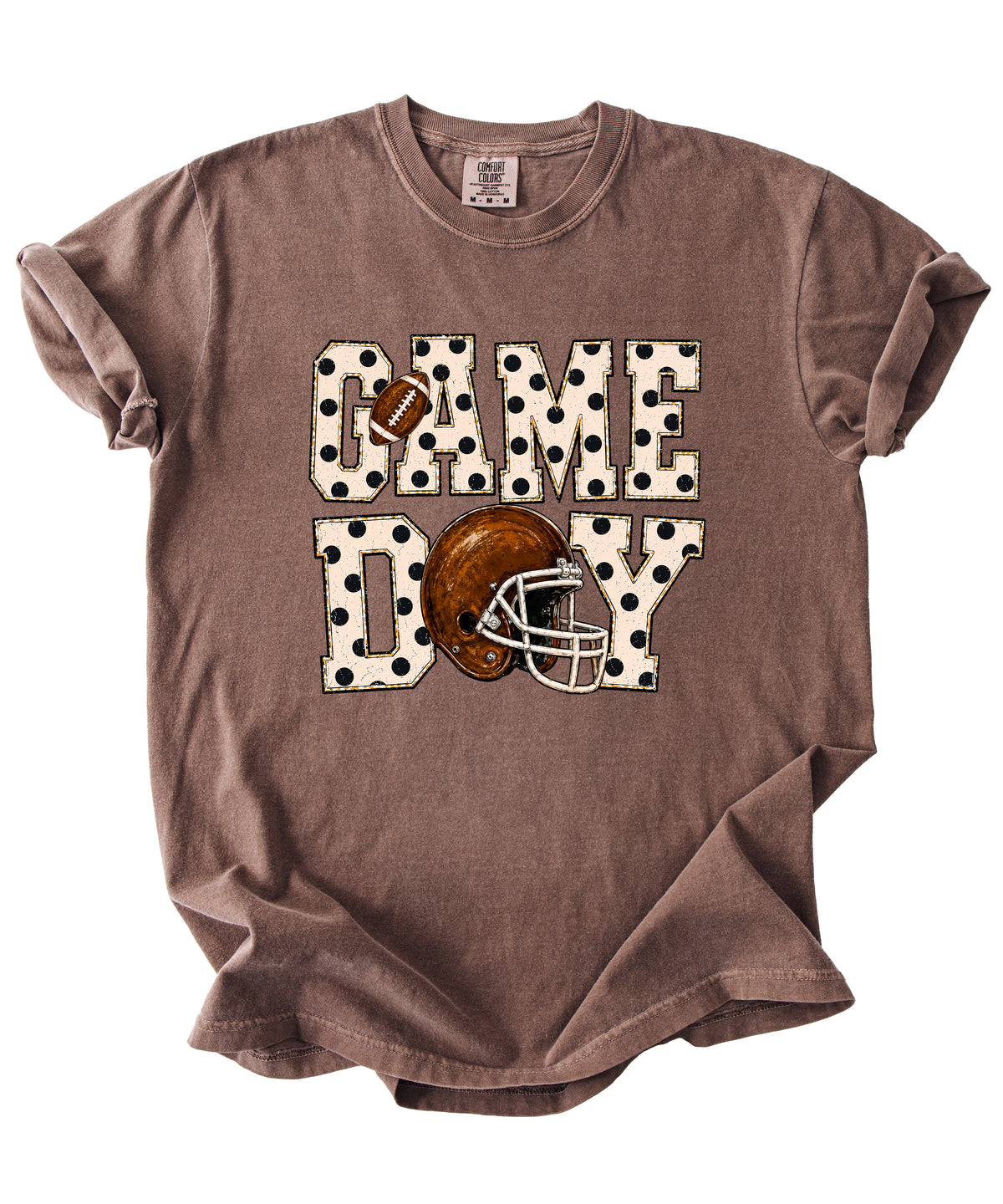 Game Day polka dot football graphic tee, Espresso Comfort Colors 1717, shot 2 - Olive Loves Apple