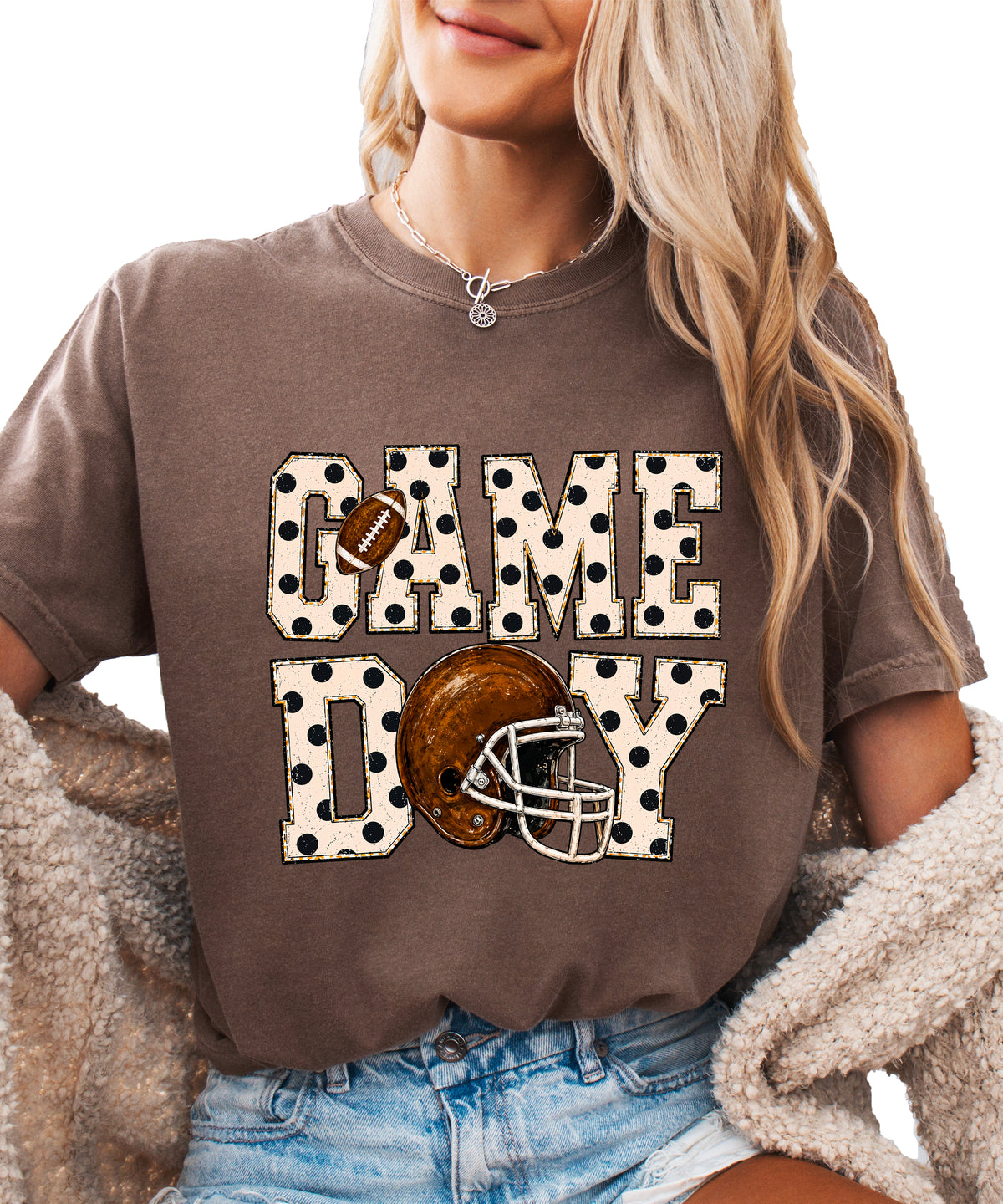 Game Day polka dot football graphic tee, Espresso Comfort Colors 1717, shot 3 - Olive Loves Apple