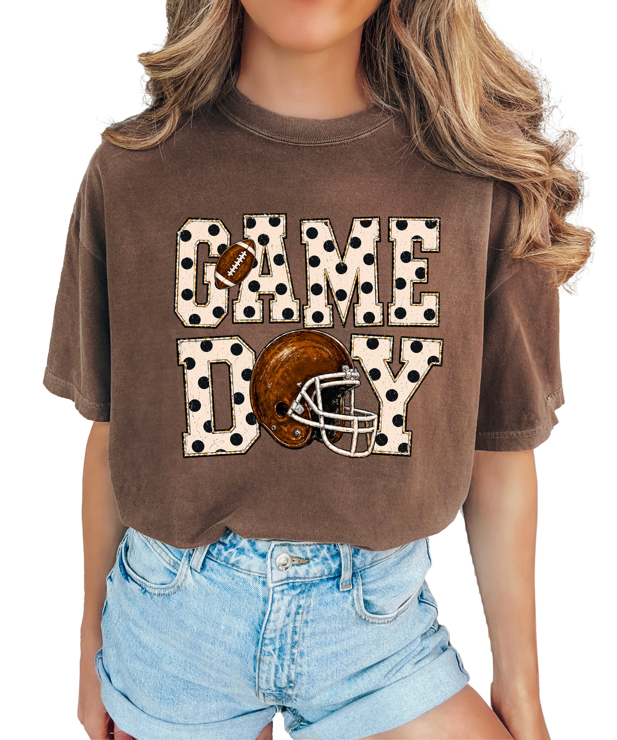 Game Day polka dot football graphic tee, Espresso Comfort Colors 1717, shot 4 - Olive Loves Apple