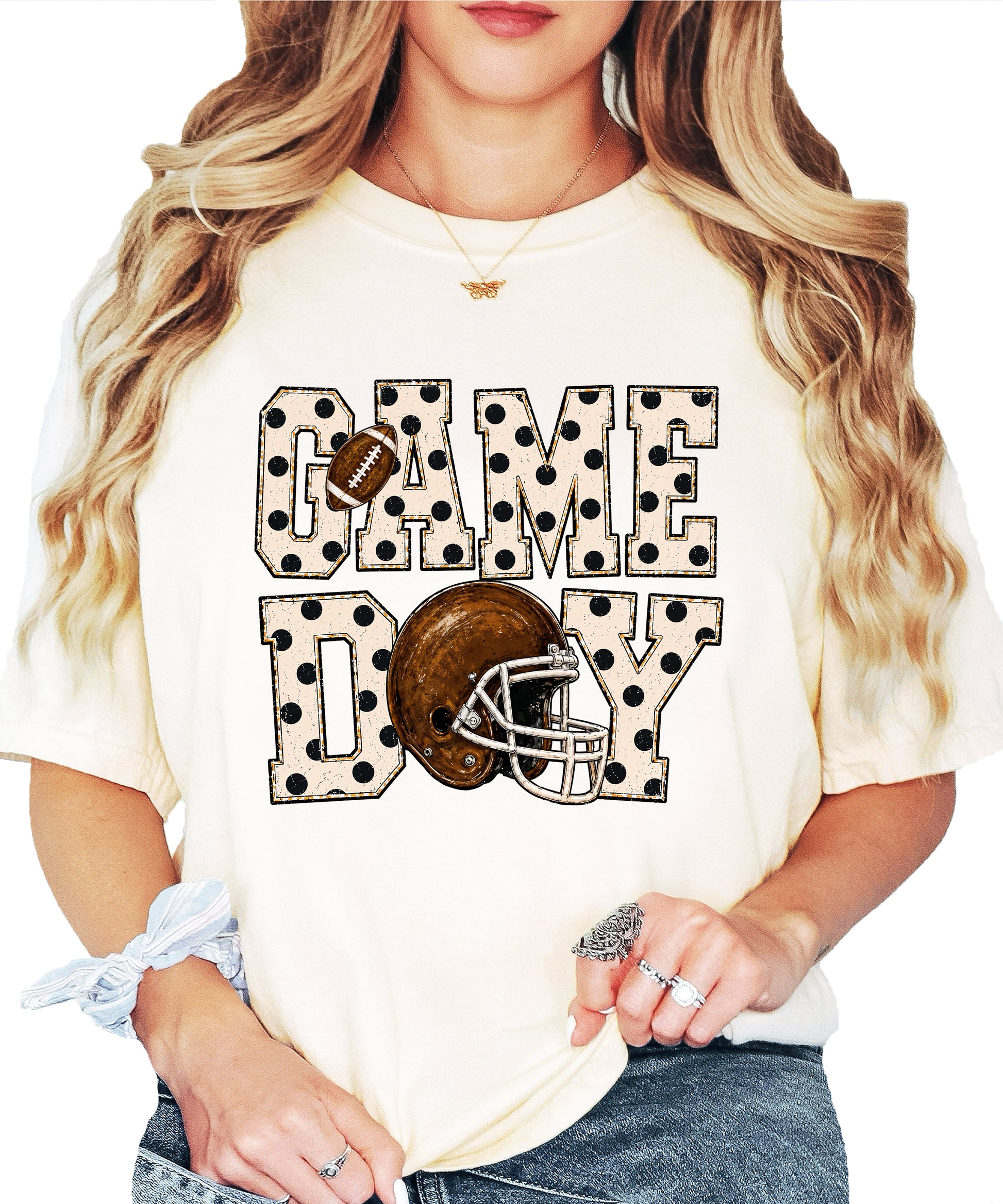 Game Day polka dot football graphic tee, Ivory Comfort Colors 1717, shot 1 - Olive Loves Apple