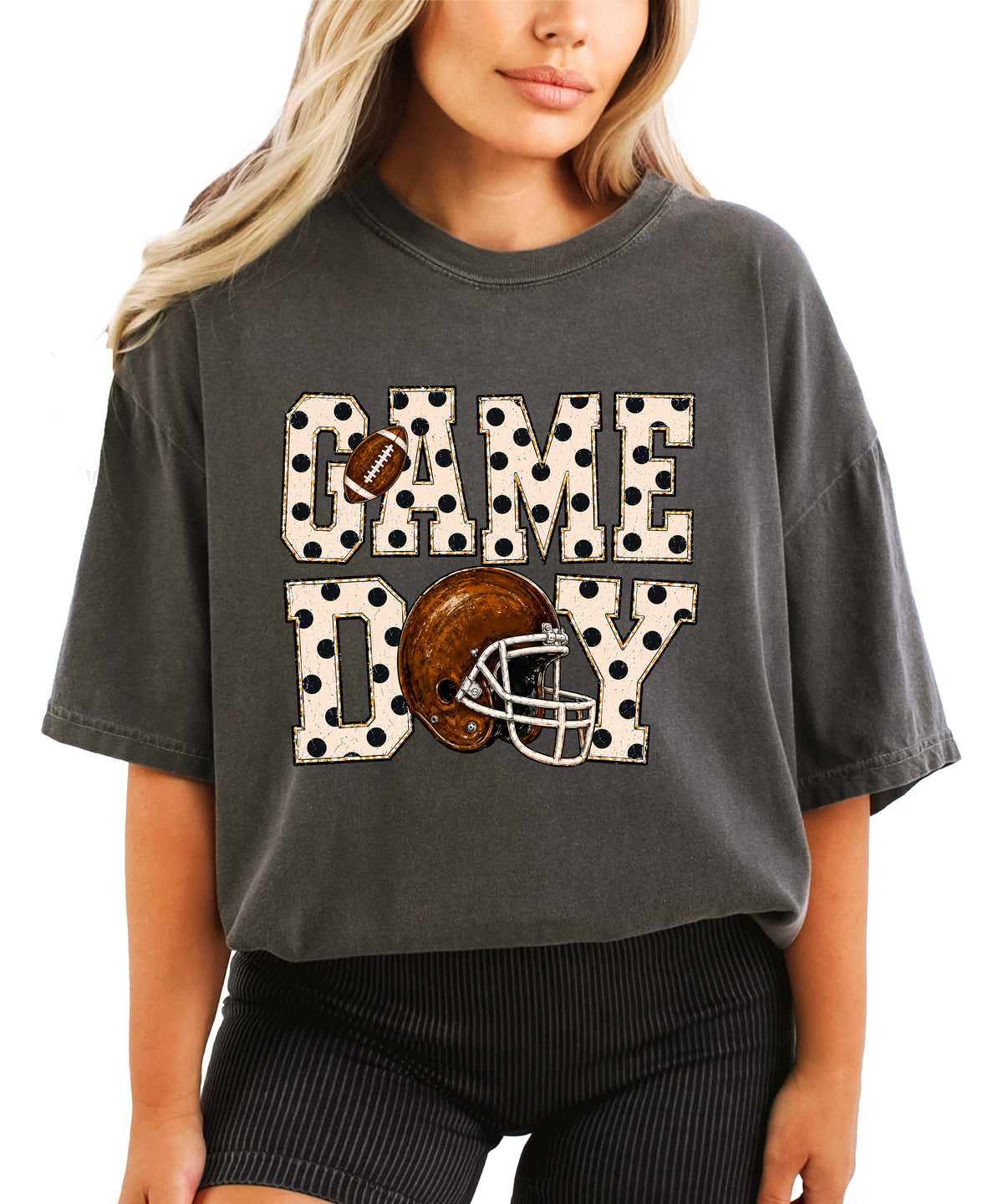 Game Day polka dot football graphic tee, Pepper Comfort Colors 1717, shot 1 - Olive Loves Apple