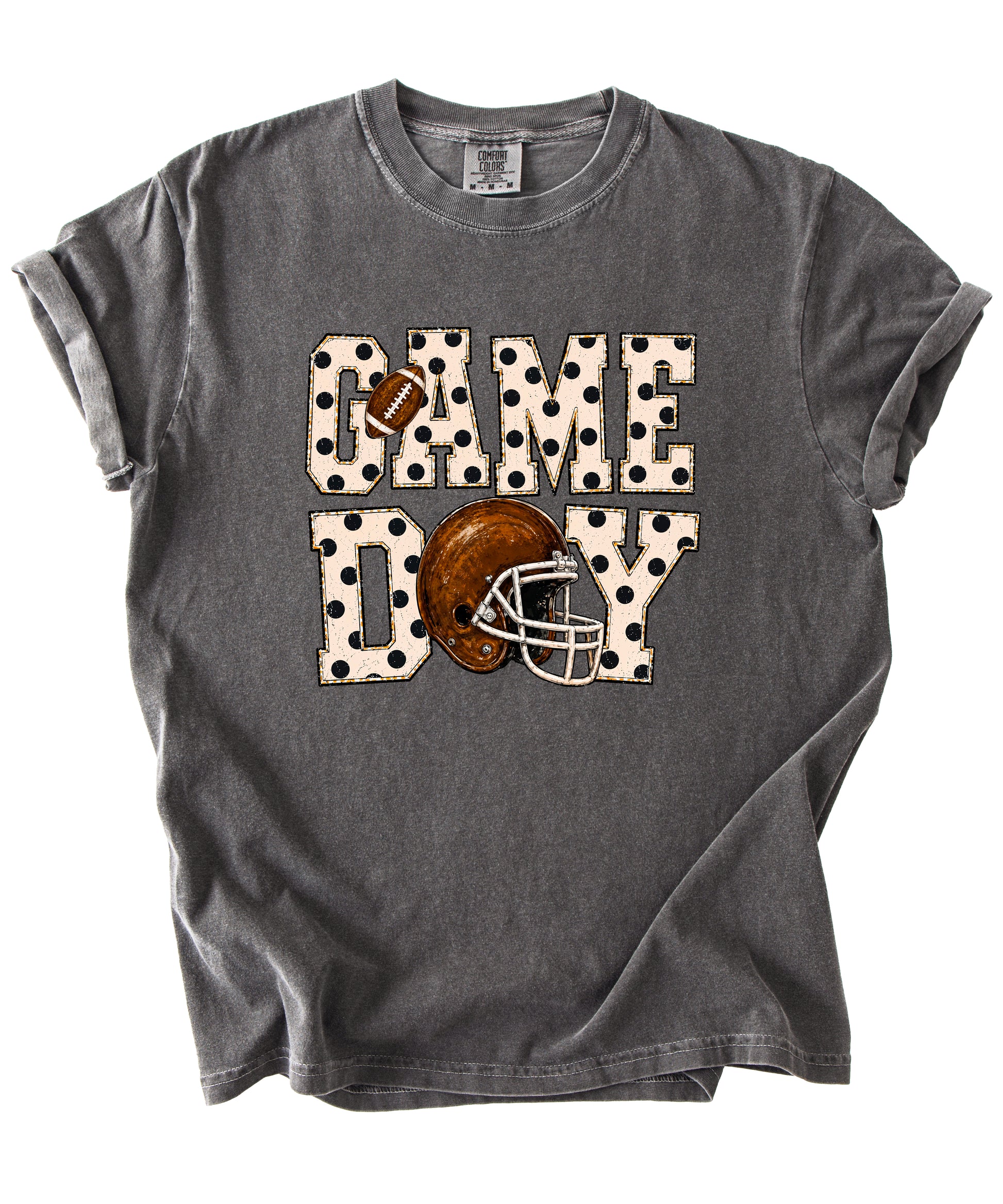 Game Day polka dot football graphic tee, Pepper Comfort Colors 1717, shot 2 - Olive Loves Apple