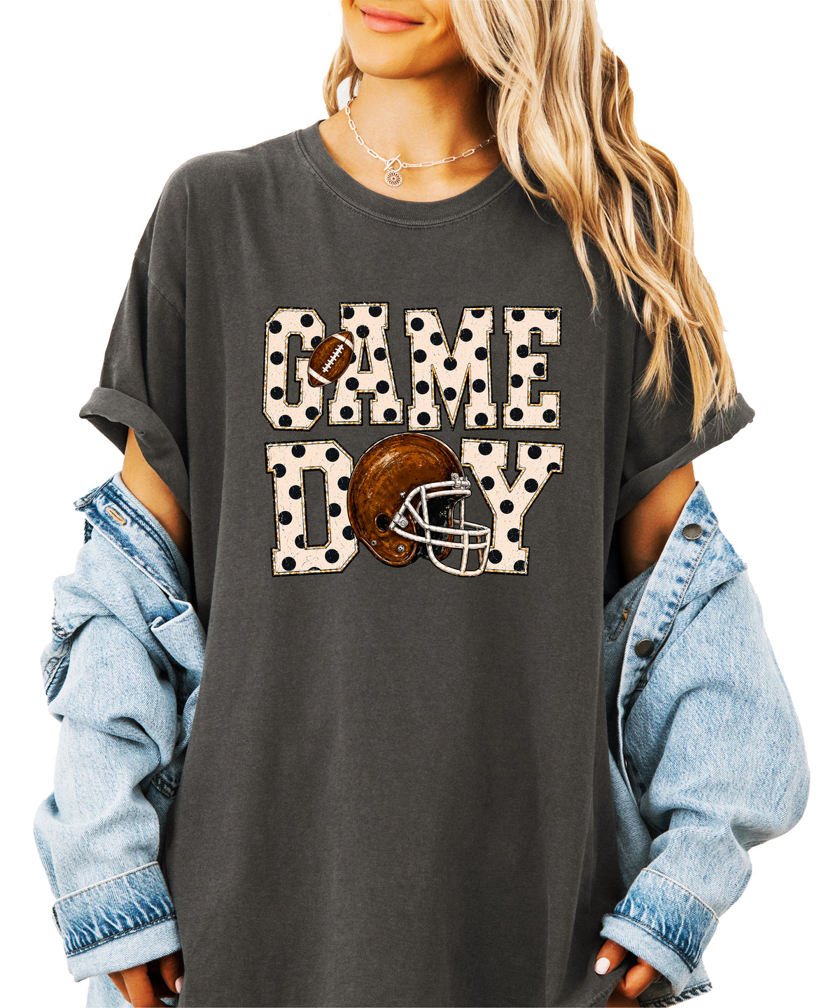 Game Day polka dot football graphic tee, Pepper Comfort Colors 1717, shot 3 - Olive Loves Apple