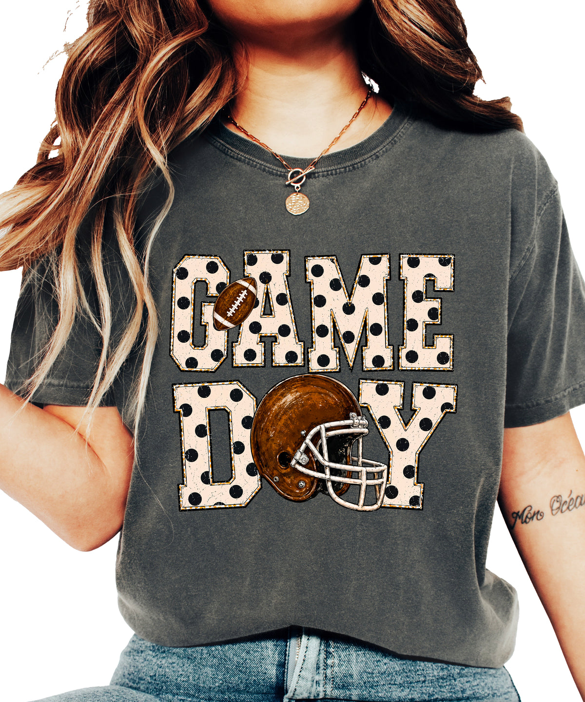 Game Day polka dot football graphic tee, Pepper Comfort Colors 1717, shot 4 - Olive Loves Apple