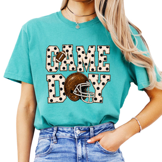 Game Day polka dot football graphic tee, Seafoam Comfort Colors 1717, shot 1 - Olive Loves Apple