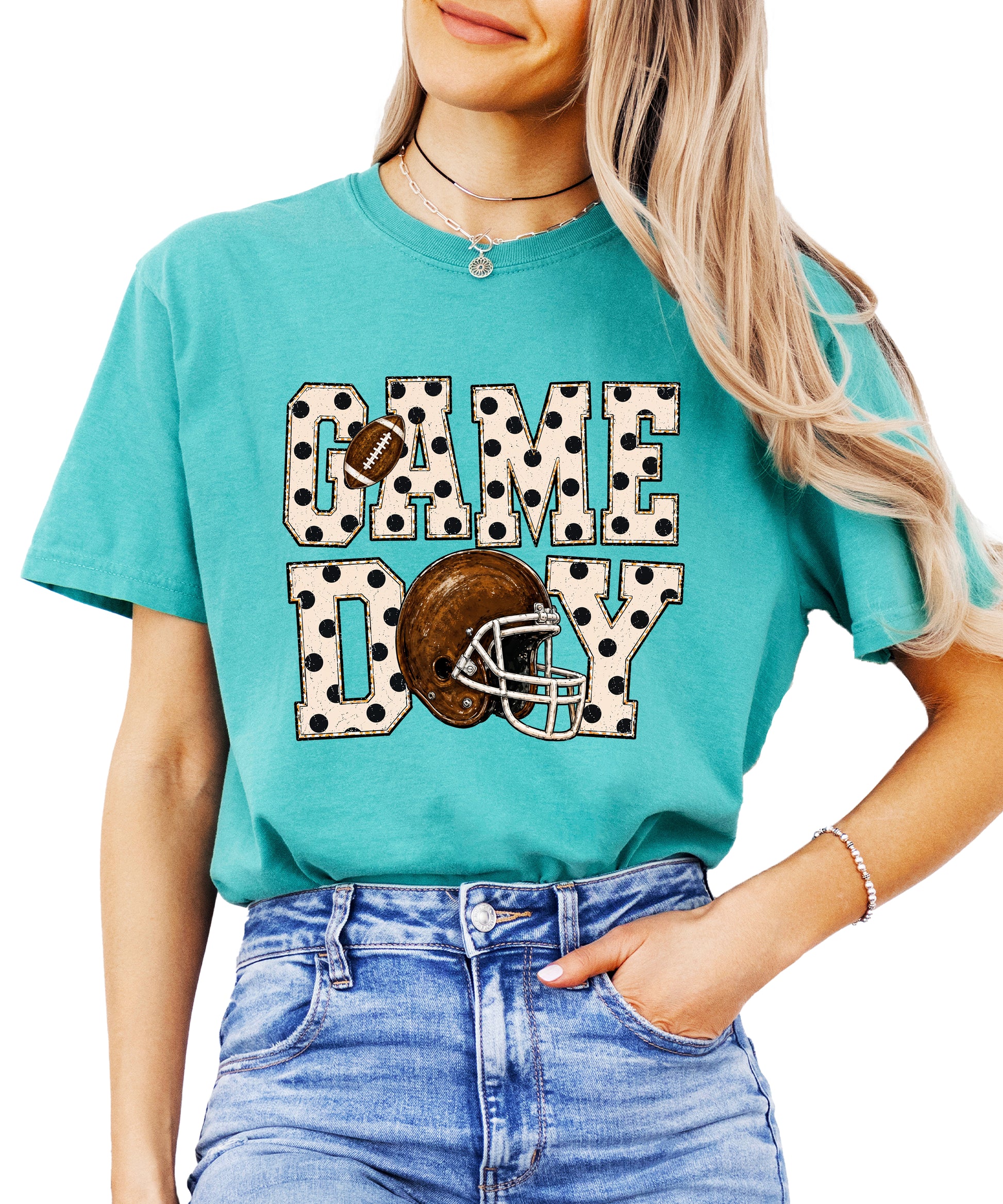 Game Day polka dot football graphic tee, Seafoam Comfort Colors 1717, shot 1 - Olive Loves Apple