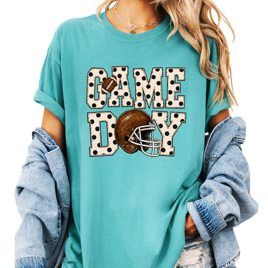 Game Day polka dot football graphic tee, Seafoam Comfort Colors 1717, shot 3 - Olive Loves Apple