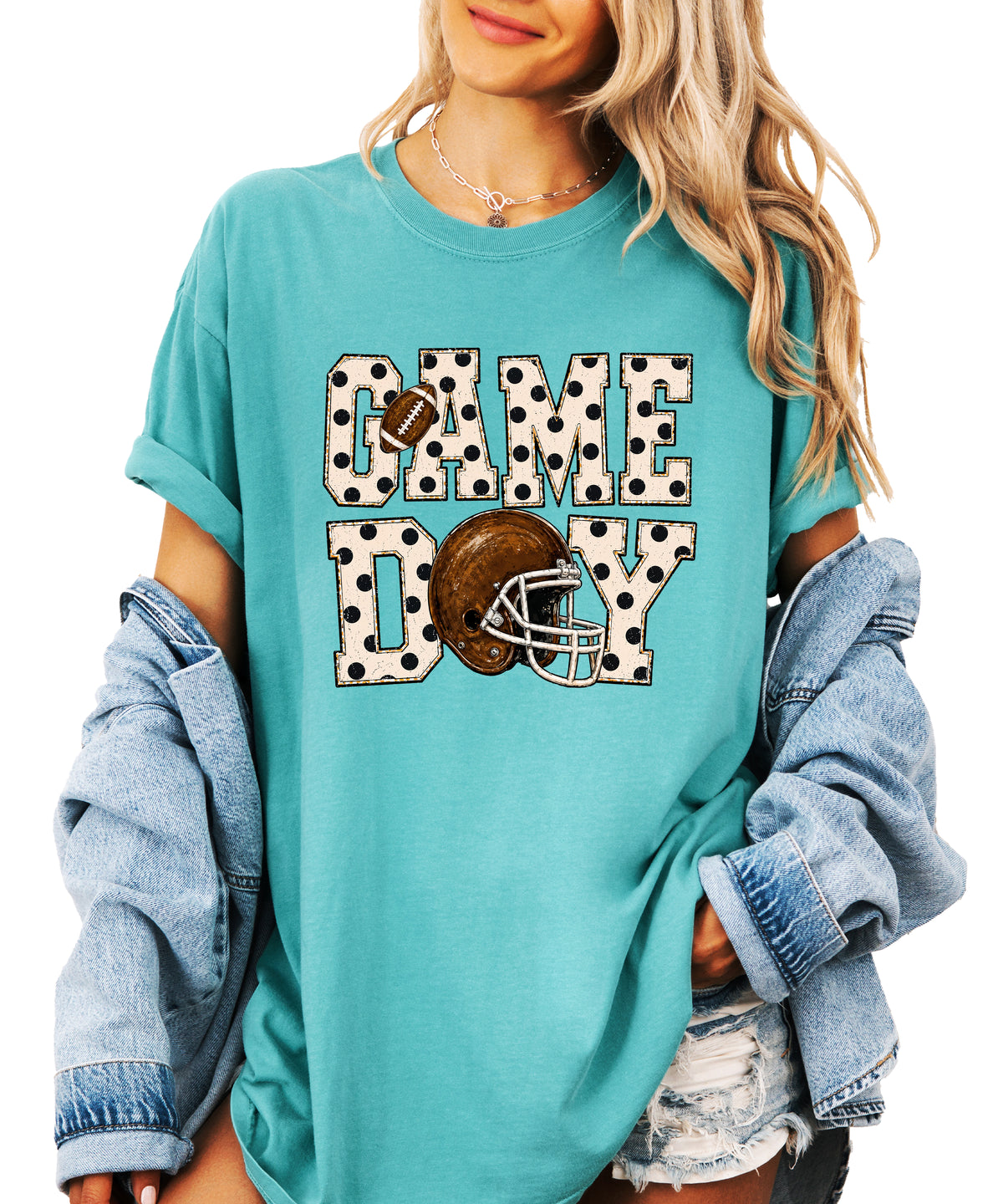 Game Day polka dot football graphic tee, Seafoam Comfort Colors 1717, shot 3 - Olive Loves Apple