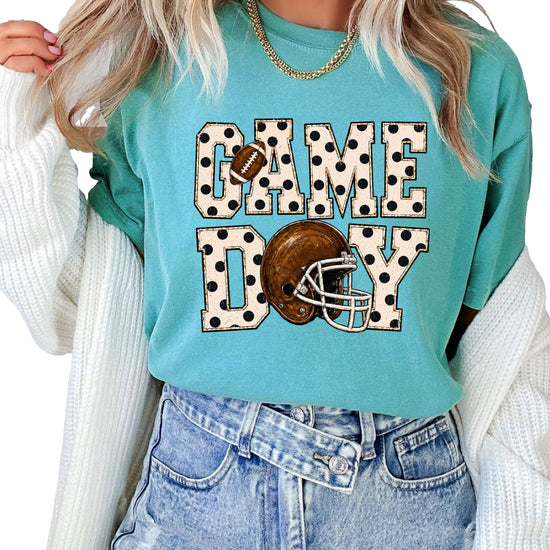 Game Day polka dot football graphic tee, Seafoam Comfort Colors 1717, shot 4 - Olive Loves Apple