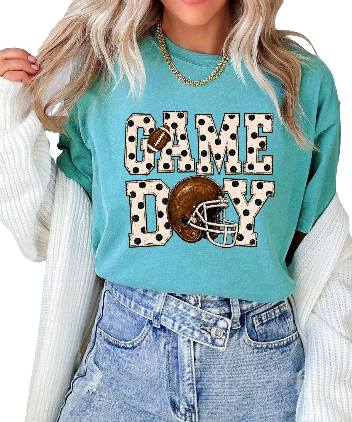 Game Day polka dot football graphic tee, Seafoam Comfort Colors 1717, shot 4 - Olive Loves Apple