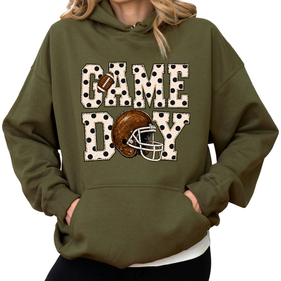 Game Day polka dot football hoodie in Army Green, front view