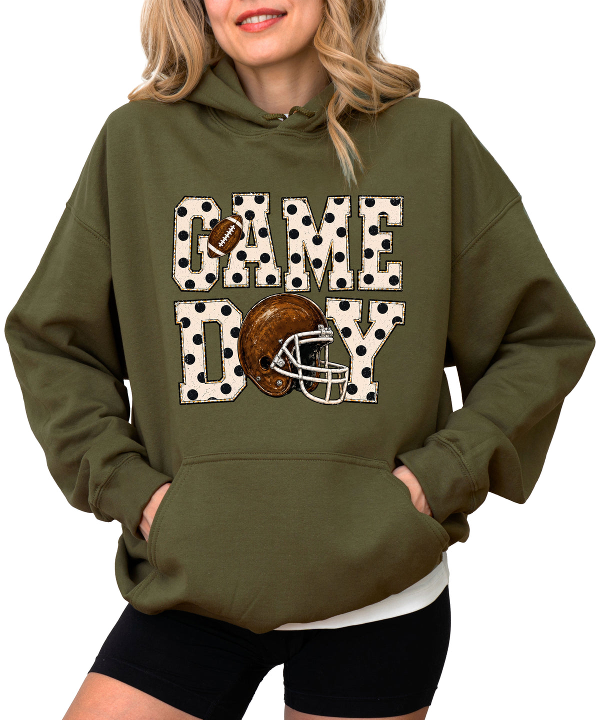 Game Day polka dot football hoodie in Army Green, front view