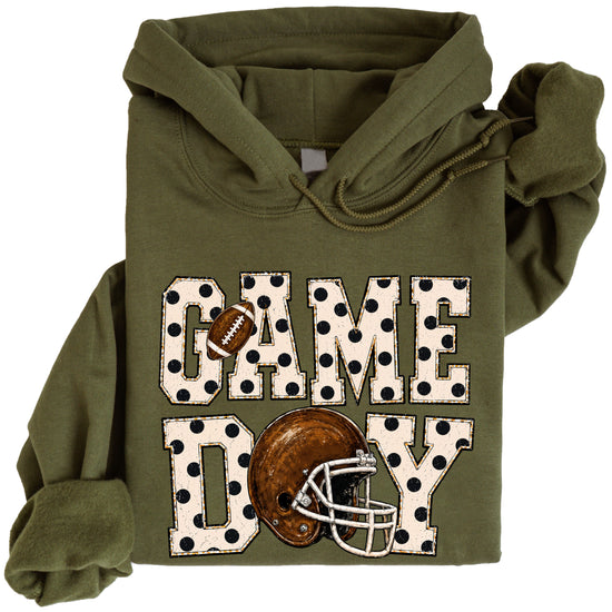 Game Day polka dot football hoodie in Army Green, graphic detail