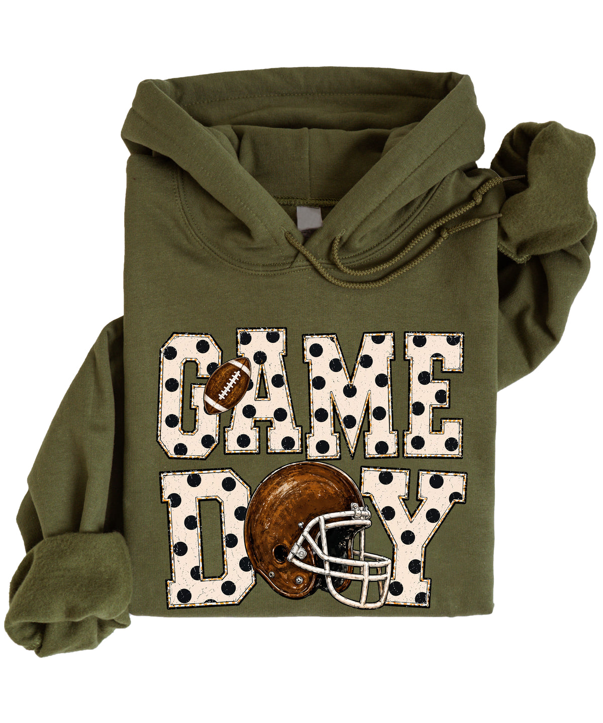 Game Day polka dot football hoodie in Army Green, graphic detail