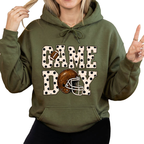 Game Day polka dot football hoodie in Army Green, styled view
