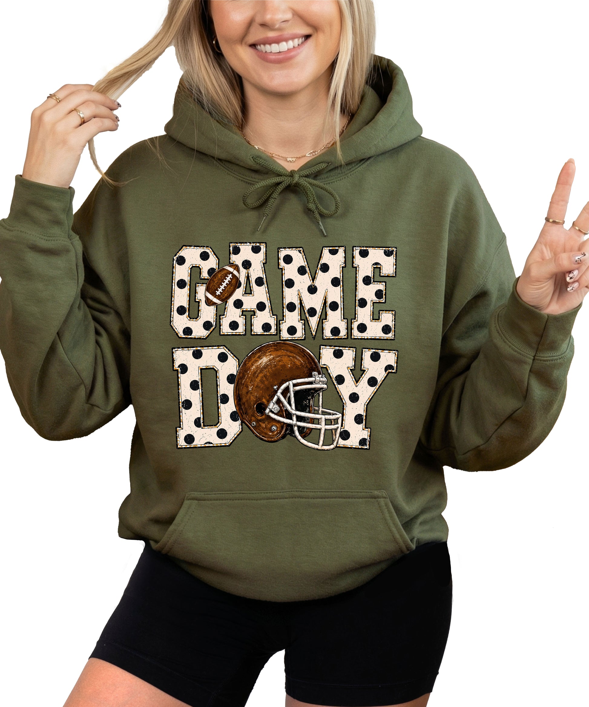 Game Day polka dot football hoodie in Army Green, styled view